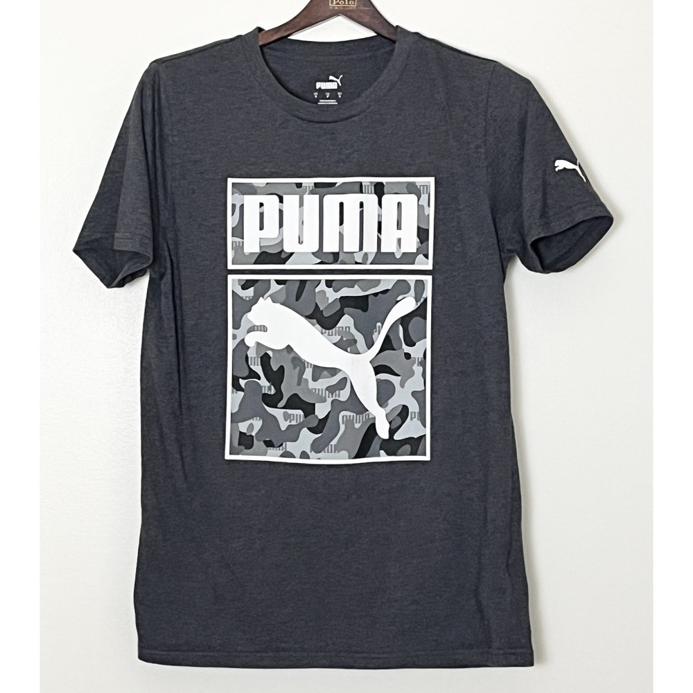 Puma Graphic T-Shirt Men's Small‎ Gray Camo Logo Sportswear BlokeCore